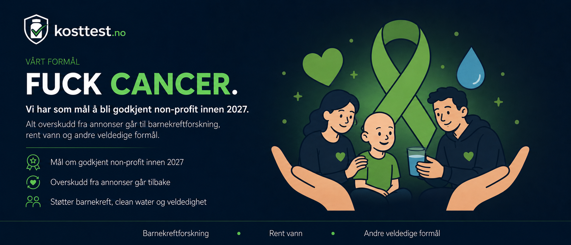 FUCK CANCER — Kosttest har som mål å bli godkjent non-profit innen 2027. Alt overskudd fra annonser går til barnekreftforskning, rent vann og andre veldedige formål.